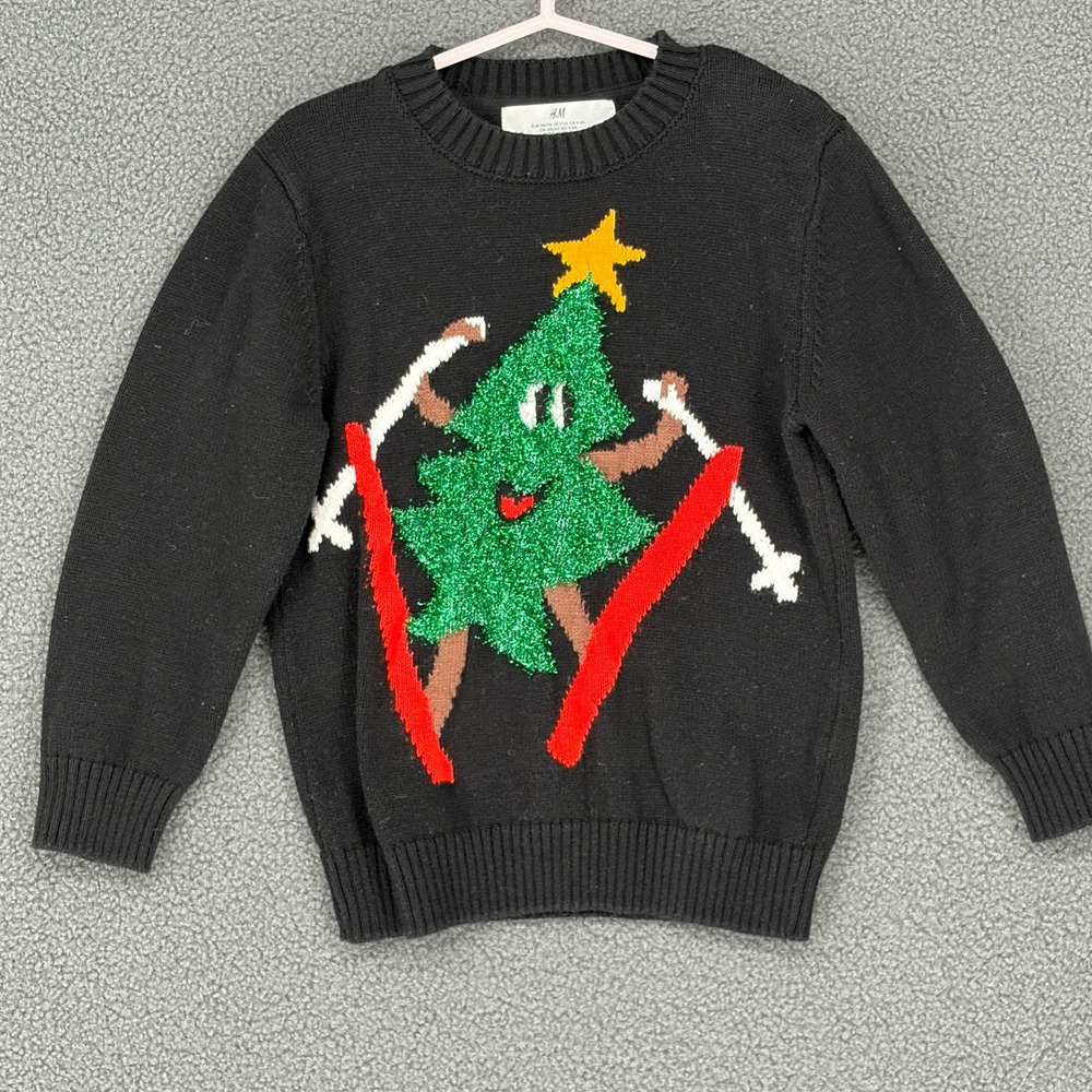 HM Kids Black Skiing Christmas Tree Glitter Holiday Sweater 5T 6 1164576 8